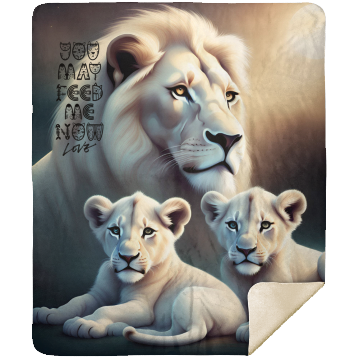 LION & CUBS FEED ME-Premium Mink Sherpa Blanket 50x60 SALE price $49.95 USD.