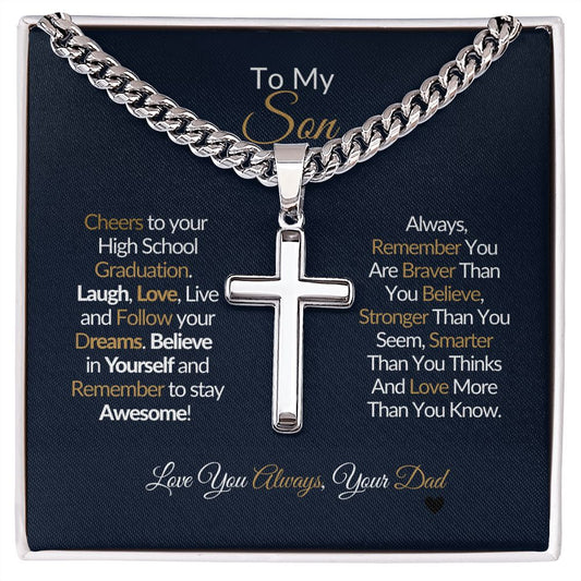 To My Son-Laugh Love Live-Dream Believe-Cuban Chain with Artisan Cross Necklace❤️