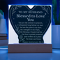 Heart‑shaped dark‑green acrylic plaque with gold foil spiritual message to husband