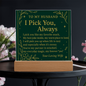 Heart‑shaped acrylic plaque, deep forest green background, gold foil text reading “TO MY HUSBAND — Blessed to Love You…”, botanical gold accents