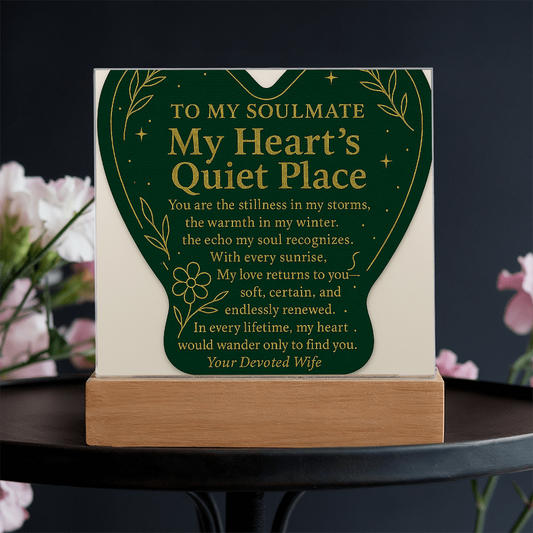 Heart‑shaped dark‑green acrylic plaque with gold foil spiritual message to husband