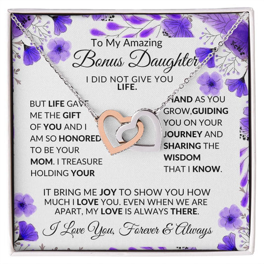 To My Amazing Bonus Daughter - Interlocking Hearts Necklace